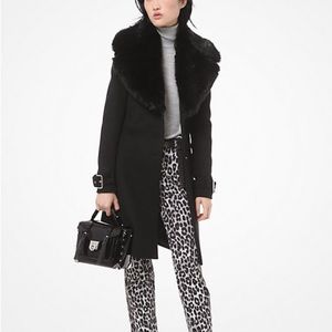 NWT Michael Kors Faux Fur-Collar Wool Coat, Black Size 4